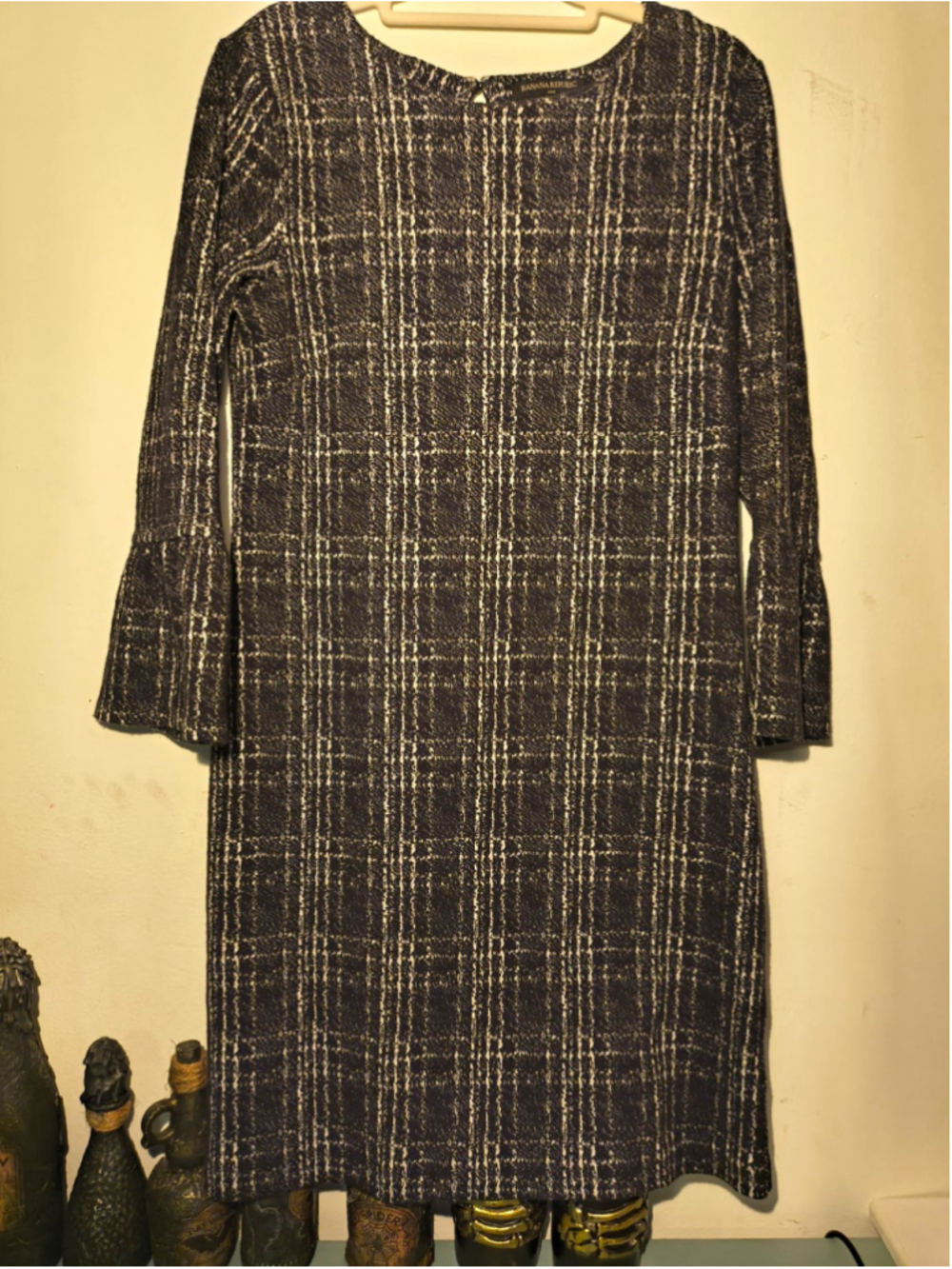 Banana Republic Womens Size 2 Navy/White Plaid Shift Knit Bell Sleeve Dress
